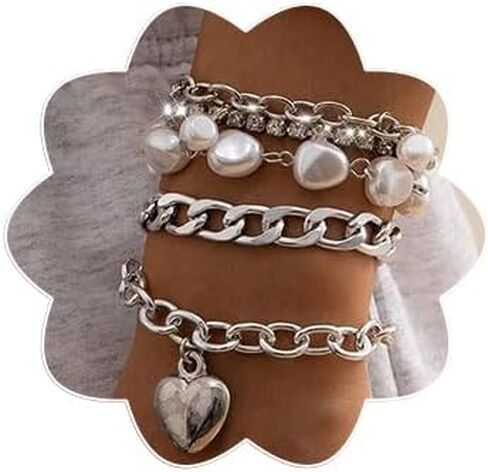 Punk Layered Heart Bracelets Boho Baroque Pearl Chain Bangle Chunky Cuban Chain Bracelet Stackable Jewelry Accessories for Women in Saudi Arabia