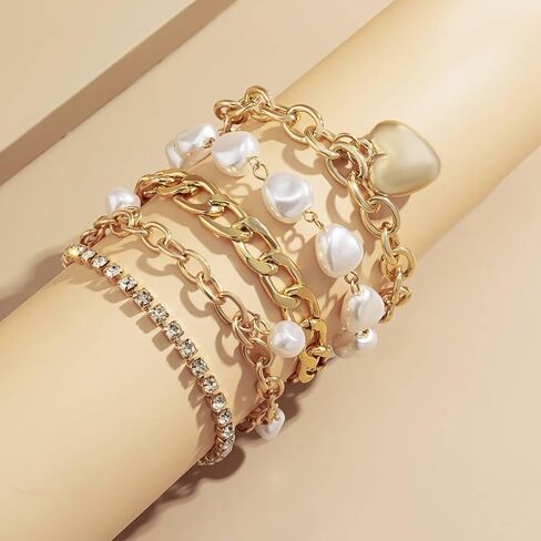 Punk Layered Heart Bracelets Boho Baroque Pearl Chain Bangle Chunky Cuban Chain Bracelet Stackable Jewelry Accessories for Women in Saudi Arabia