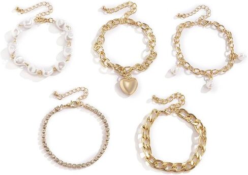 Punk Layered Heart Bracelets Boho Baroque Pearl Chain Bangle Chunky Cuban Chain Bracelet Stackable Jewelry Accessories for Women in Saudi Arabia
