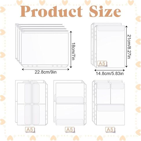 12 Pcs A5 Binder Inserts, 6 Holes Binder Folders Waterproof Binders Zipper Folders Document Filing Bags Clear Binders Inserts Collecting Sleeves for 6-Ring Notebook BinderLoose Leaf Bag(5Style) in Saudi Arabia