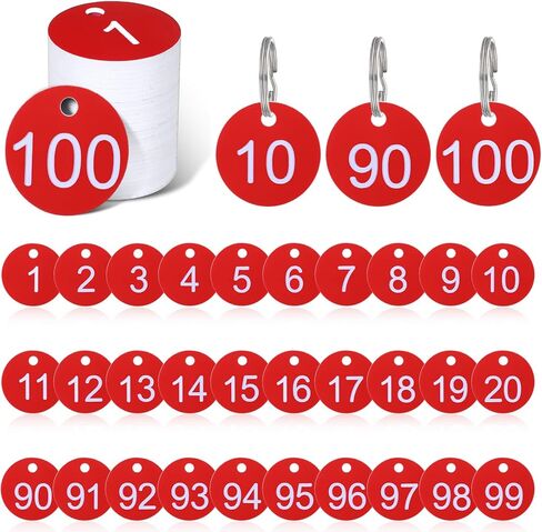 1-100 بطاقة مفاتيح مرقمة، علامات أرقام بلاستيكية مع علامة تعريف معدنية حلقية للفنادق والمطاعم والمهاجع والخزائن وسلاسل المفاتيح - أحمر in Kuwait