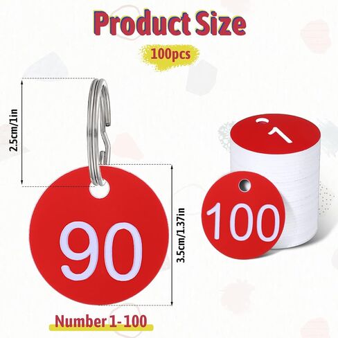 1-100 بطاقة مفاتيح مرقمة، علامات أرقام بلاستيكية مع علامة تعريف معدنية حلقية للفنادق والمطاعم والمهاجع والخزائن وسلاسل المفاتيح - أحمر in Kuwait