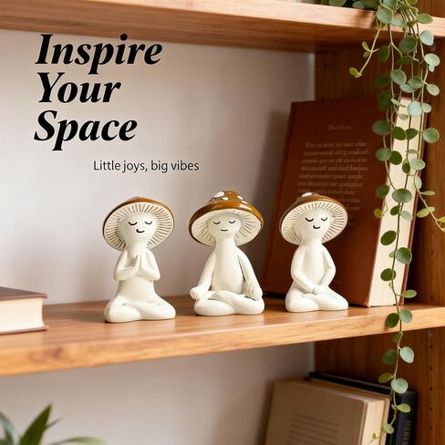 3 Pcs Mushroom Decor Figurines - Meditation Decor Statues for Living Room, Bedroom, Office - Resin Sculptures for Mindfulness Enthusiasts Home Decor Lovers Nature Lovers (White-Brown) in Saudi Arabia