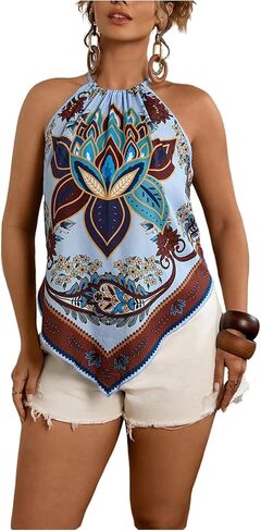 Floerns Women's Plus Size Floral Print Halter Tops Sleeveless Hanky Hem Western Tank Top in Saudi Arabia
