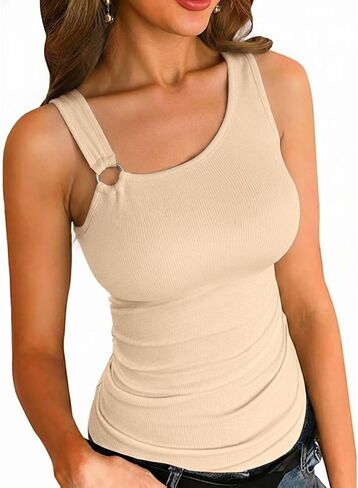 VICHYIE Women Tank Tops Summer One Shoulder Asymmetrical Neck Slim Fitted Ribbed Knit Going Out Tops Cami Shirt in Saudi Arabia