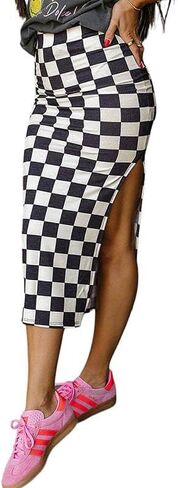 Chvity Fashion Plaid Skirts for Women Casual High Waisted Side Slit Checkered Print Stretch Tight Pencil Skirts in Saudi Arabia