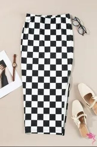 Chvity Fashion Plaid Skirts for Women Casual High Waisted Side Slit Checkered Print Stretch Tight Pencil Skirts in Saudi Arabia