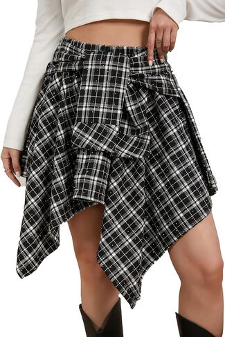 Waisted Knot Asymmetrical Plaid Skirts for Women Girl,Bling Rhinestone Mini Short Skirt for Summer in Saudi Arabia