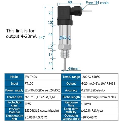 PT100 Temperature Transmitter Measuring Water Gas Oil Temperature Sensor Probe 4-20mA Output 24VDC Temperature Transducer(AL121808F-02/ZSG,200mm) in Kuwait