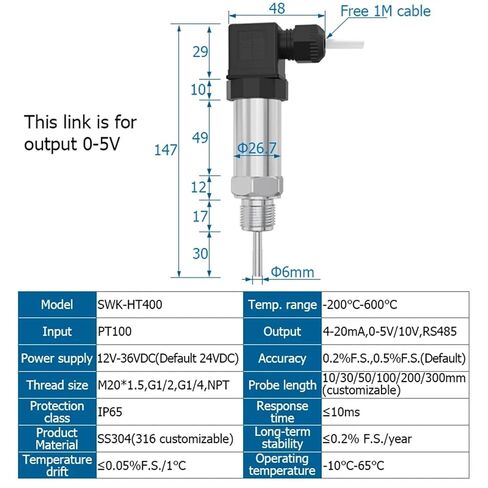 1PCS Temperature Transmitter PT100 Thermistor Temperature Transducer 0-5V Output 24VDC Intelligen Temperature Sensor(ATS320DC,200mm) in Kuwait
