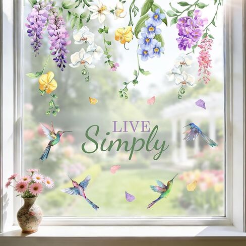 Mfault Spring Summer Floral Hummingbird Window Clings, Live Simply Wisteria Orchid Flower Stickers Decals Decorations, Botanical Petal Home Living Room Kitchen Decor in Saudi Arabia