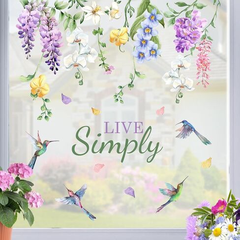 Mfault Spring Summer Floral Hummingbird Window Clings, Live Simply Wisteria Orchid Flower Stickers Decals Decorations, Botanical Petal Home Living Room Kitchen Decor in Saudi Arabia