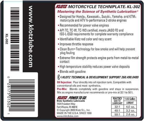 Klotz Motorcycle & Dirt Bike TechniPlate Synthetic Premix/Injector Oil Lubricant for 2-Stroke TC-W3 Engines – 4 Quarts, KL-302 in Saudi Arabia