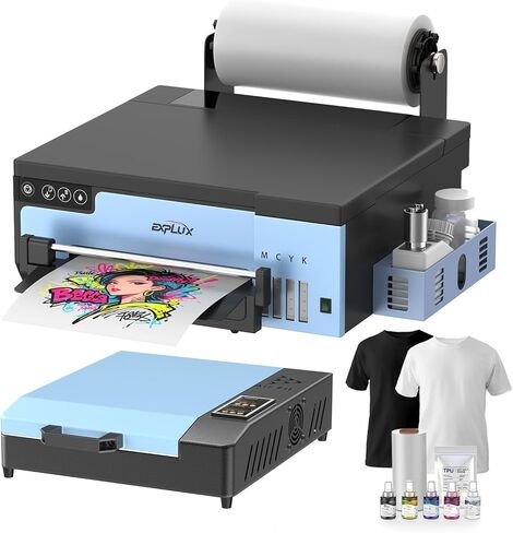 طابعة EXPLUX A4 DTF مع رأس طباعة XP600 مضاد للانسداد | طباعة عالية السرعة بنسبة 200% | 2880 × 1440 نقطة في البوصة للقمصان التي يمكنك صنعها بنفسك وجميع المنسوجات، مع حبر لمدة عامين (طابعة A4 DTF + فرن + كمبيوتر محمول) in Kuwait