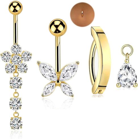 TIANCI FBYJS G23 Titanium Dangle Belly Button Rings for Women 14G Belly Ring Clicker Dangling Piercing Jewelry Curved Reverse with Flower Butterfly CZ Hypoallergenic Navel Piercing in Saudi Arabia