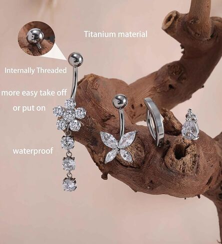 TIANCI FBYJS G23 Titanium Dangle Belly Button Rings for Women 14G Belly Ring Clicker Dangling Piercing Jewelry Curved Reverse with Flower Butterfly CZ Hypoallergenic Navel Piercing in Saudi Arabia