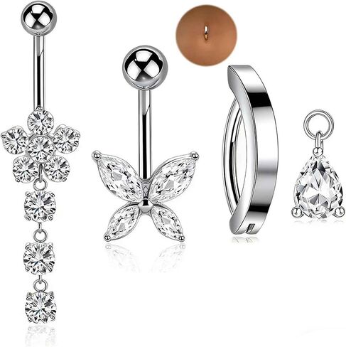 TIANCI FBYJS G23 Titanium Dangle Belly Button Rings for Women 14G Belly Ring Clicker Dangling Piercing Jewelry Curved Reverse with Flower Butterfly CZ Hypoallergenic Navel Piercing in Saudi Arabia