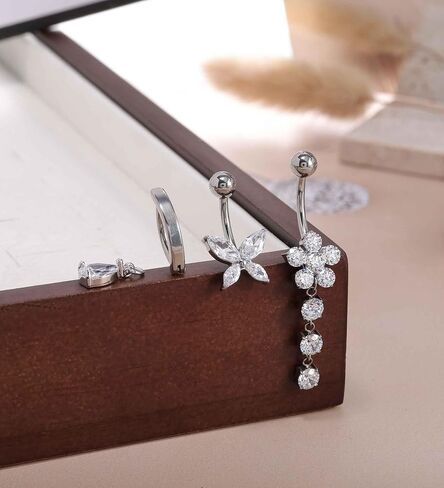 TIANCI FBYJS G23 Titanium Dangle Belly Button Rings for Women 14G Belly Ring Clicker Dangling Piercing Jewelry Curved Reverse with Flower Butterfly CZ Hypoallergenic Navel Piercing in Saudi Arabia