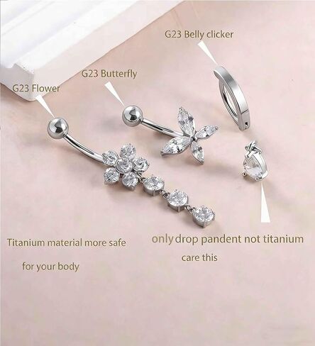 TIANCI FBYJS G23 Titanium Dangle Belly Button Rings for Women 14G Belly Ring Clicker Dangling Piercing Jewelry Curved Reverse with Flower Butterfly CZ Hypoallergenic Navel Piercing in Saudi Arabia
