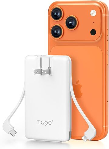 بنك الطاقة TG90° 5000 مللي أمبير فائق النحافة مدمج في قابس وكابلات تيار متردد، شاحن محمول حزمة بطارية USB C، 3 بطاريات خارجية متوافقة مع أجهزة iPhone 15/15 Pro Max/14/13 وأجهزة Android in Kuwait