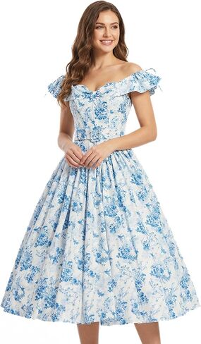 miccostumes Vintage 1950s Floral Print Dress with Adjustable Back & Belt Off-The-Shoulder Regular Sleeves Retro Swing Dress in Saudi Arabia