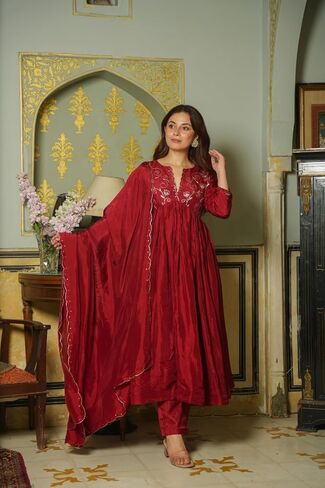 Women's Viscose Upada Anarkali Kurta with Pants and Dupatta in Saudi Arabia