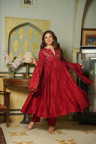 Women's Viscose Upada Anarkali Kurta with Pants and Dupatta in Saudi Arabia