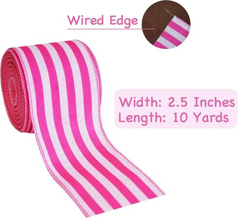 شريط مخطط، شريط ذو حافة سلكية من الخيش Ruwen مقاس 2.5 بوصة لاستحمام الطفل، وحفلات الزفاف، وتزيين عيد الحب، والإكليل، وصناعة الأقواس، وباقة الزفاف، 10 ياردات (وردي) in Kuwait
