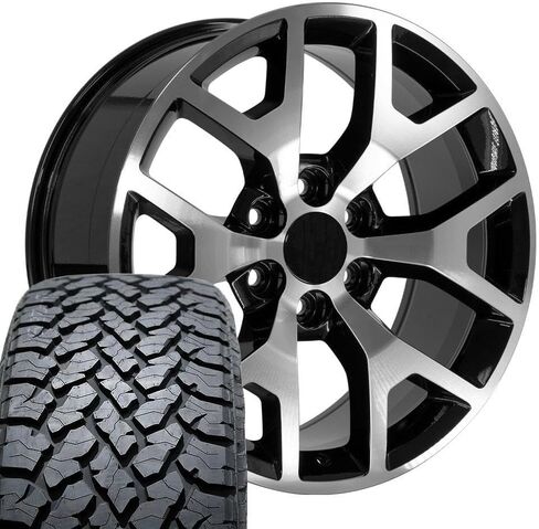 إطارات وإطارات OE Wheels CV92 مقاس 20 بوصة تناسب طراز Sierra 1500 على شكل قرص العسل 6x139.7 20x9 مصنعة باللون الأسود اللامع - هولاندر 5656 - TS-37 AT 275/55-20 (مجموعة من 4) in Saudi Arabia
