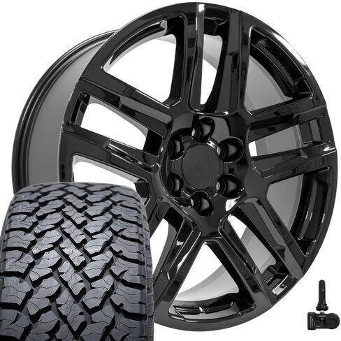 إطارات وإطارات OE Wheels CV63 مقاس 22 بوصة تناسب Silverado 1500 Z71 Style 6x139.7 22x9 أسود لامع - هولاندر 5913 - TS-37 AT 285/45-22 (مجموعة من 4) in Saudi Arabia