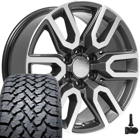 إطارات وإطارات OE Wheels CV36 مقاس 20 بوصة تناسب طراز Sierra 1500 مقاس 6x139.7 20x9 مصنوعة من المعدن اللامع - هولاندر 5914 - TS-37 AT 275/55-20 (مجموعة من 4) in Saudi Arabia