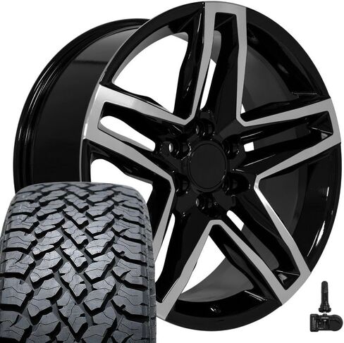 إطارات وإطارات OE Wheels CV34 مقاس 22 بوصة تناسب Silverado 1500 Trail Boss Style 6x139.7 22x9 مصنعة باللون الأسود اللامع - Hollander 5911 - TS-37 AT 285/45-22 (مجموعة من 4) in Saudi Arabia