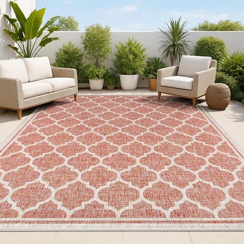 JONATHAN Y Moroccan Trellis Indoor Outdoor Area Rug 8X10 Red/Beige, Trebol Textured Weave for Backyard, Patio, Porch, Easy-Cleaning, High Traffic, Pet-Friendly, Non-Shedding (SMB109C-8) in Saudi Arabia