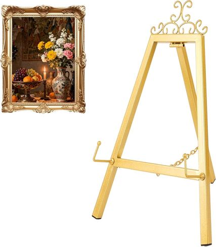 حامل حامل منضدية ذهبي مقاس 17 بوصة للعلامة، حامل عرض معدني مع دعم سلسلة، حامل فني للديكور العتيق للعرض، حامل إطار صورة على الطاولة لصور الزفاف المنزلية اللوحة الفنية in Kuwait