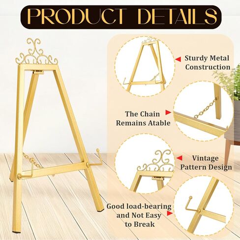 حامل حامل منضدية ذهبي مقاس 17 بوصة للعلامة، حامل عرض معدني مع دعم سلسلة، حامل فني للديكور العتيق للعرض، حامل إطار صورة على الطاولة لصور الزفاف المنزلية اللوحة الفنية in Kuwait