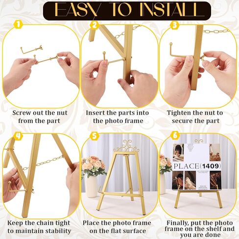 حامل حامل منضدية ذهبي مقاس 17 بوصة للعلامة، حامل عرض معدني مع دعم سلسلة، حامل فني للديكور العتيق للعرض، حامل إطار صورة على الطاولة لصور الزفاف المنزلية اللوحة الفنية in Kuwait