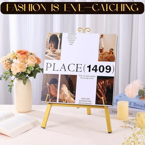 حامل حامل منضدية ذهبي مقاس 17 بوصة للعلامة، حامل عرض معدني مع دعم سلسلة، حامل فني للديكور العتيق للعرض، حامل إطار صورة على الطاولة لصور الزفاف المنزلية اللوحة الفنية in Kuwait