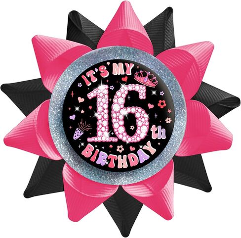 دبابيس أزرار لعيد الميلاد السادس عشر للفتيات مصنوعة يدويًا (3.8 * 3.8 بوصة)، شارة صفيح بشريط من الحرير المضلع باللون الأسود والوردي للنساء، مستلزمات تزيين حفلات عيد الميلاد السادس عشر، أفكار هدايا، هدايا نكتة in Kuwait