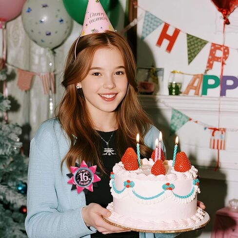 دبابيس أزرار لعيد الميلاد السادس عشر للفتيات مصنوعة يدويًا (3.8 * 3.8 بوصة)، شارة صفيح بشريط من الحرير المضلع باللون الأسود والوردي للنساء، مستلزمات تزيين حفلات عيد الميلاد السادس عشر، أفكار هدايا، هدايا نكتة in Kuwait