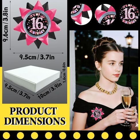 دبابيس أزرار لعيد الميلاد السادس عشر للفتيات مصنوعة يدويًا (3.8 * 3.8 بوصة)، شارة صفيح بشريط من الحرير المضلع باللون الأسود والوردي للنساء، مستلزمات تزيين حفلات عيد الميلاد السادس عشر، أفكار هدايا، هدايا نكتة in Kuwait