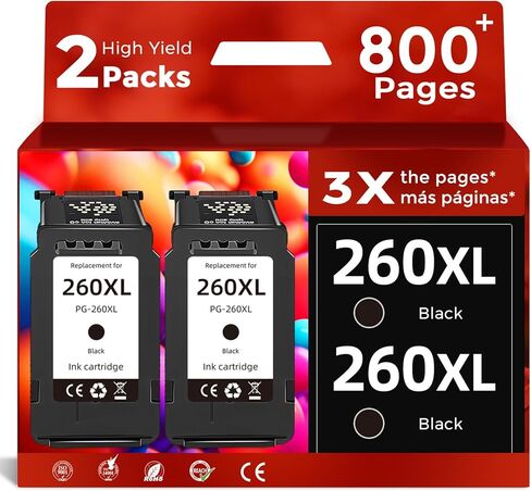 خرطوشة حبر سوداء 260XL متوافقة مع Canon PG-260 XL PG260 (عبوة من قطعتين) تعمل مع طابعات Canon TS6420 TS6400 TR7020a TS5320 TS6420a TS5300 TR7020 TR7022 عالية الإنتاجية PG260XL in Kuwait