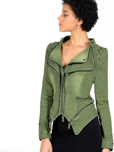 معطف خلفي كلاسيكي للسيدات من Fashion SX، سترة من الدنيم ذات شكل عصري، مرصعة ببدلة ركوب الدراجات النارية in Kuwait