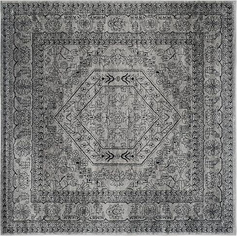 سجادة منطقة مجموعة SAFAVIEH Adirondack - مربعة 10 بوصات، فضي وأسود، تصميم ميدالية شرقية، غير قابلة للتساقط وسهلة التنظيف، مثالية لغرفة المعيشة وغرفة النوم ومساحة تناول الطعام (ADR108A) in Saudi Arabia