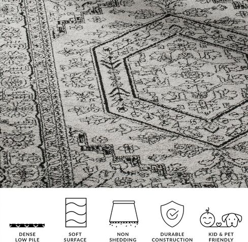 سجادة منطقة مجموعة SAFAVIEH Adirondack - مربعة 10 بوصات، فضي وأسود، تصميم ميدالية شرقية، غير قابلة للتساقط وسهلة التنظيف، مثالية لغرفة المعيشة وغرفة النوم ومساحة تناول الطعام (ADR108A) in Saudi Arabia