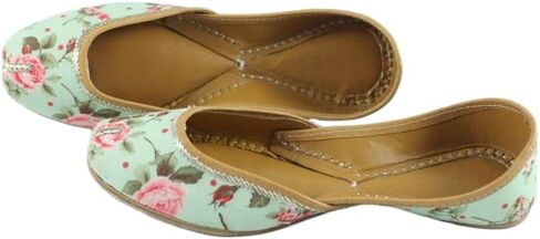 Women's Floral Print Juttis, Mint Green with Pink Roses, Traditional Indian Slip-on Leather Flats in Saudi Arabia