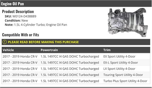 وعاء زيت المحرك - متوافق مع 2017-2019 Honda CRV 1.5L 4-Cylinder Turbo in Saudi Arabia