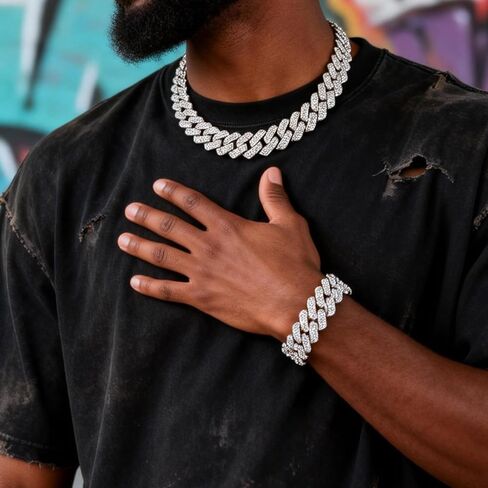 2 Pcs Cuban Link Chain Set for Men Necklace Cuban Bracelet for Women Hip Pop Gift Silver in Kuwait