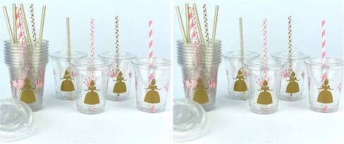 Pink & Gold Princess Disposable Plastic Cups, Lids, Paper Straws, Once Upon a Time Birthday Party Supplies, Set of 12 in Saudi Arabia