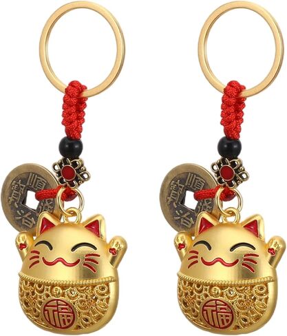 2 سلسلة مفاتيح Lucky Cat، سلسلة مفاتيح يابانية مقاس 2 بوصة للنساء والفتيات والأطفال (ذهبي) in Kuwait