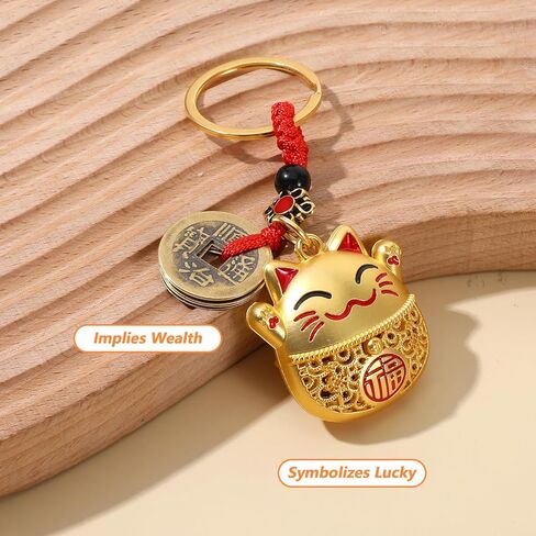 2 سلسلة مفاتيح Lucky Cat، سلسلة مفاتيح يابانية مقاس 2 بوصة للنساء والفتيات والأطفال (ذهبي) in Kuwait